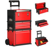 HOMCOM Lot de 3 boîtes à outils sur roulettes empilables et modulaires, servante d'atelier caisse à outil trolley en acier avec plateau, poignées et serrure, pour garage et entrepôt, rouge