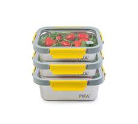 Pika - Lot de 3 boites alimentaires en inox et couvercle en verre trempé - 2x 820ml + 1200ml - Compatible micro-ondes - MetalShock