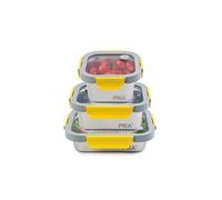 Pika - Lot de 3 boites alimentaires en inox et couvercle en verre trempé - 600ml + 800ml + 820ml - Compatible micro-ondes - MetalShock