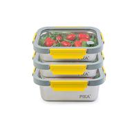 Pika - Lot de 3 boites alimentaires en inox et couvercle en verre trempé - 2x 820ml + 1200ml - Compatible micro-ondes - MetalShock