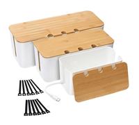 Lot de 3 Boîtes Cache-Câbles avec Couvercle en Bambou - Blanc - Rangement Prise Multiprise, Anti-Poussière