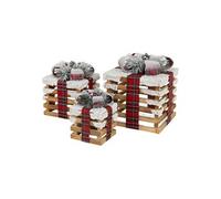 Lot de 3 boîtes cadeaux de Noël LED bois marron effet enneigé lumière blanche chaude fonctionne sur piles minuterie décoration illuminée intérieure