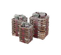 Lot de 3 boîtes cadeaux de Noël LED rotin marron effet enneigé lumière blanche chaude fonctionne sur piles minuterie décoration illuminée intérieure