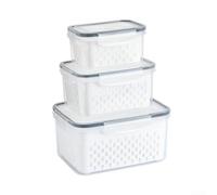 Lot de 3 boîtes de rangement alimentaires avec couvercle - Récipient de stockage pour salade et baies, panier amovible, sans plastifiants nocifs, transparent, 22 x 16 x 12 cm (B gris)
