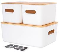 Lot de 3 boîtes de rangement avec couvercles en bambou, blanches, en plastique, empilables, avec poignées, contenances : 6,5 L et 13 L