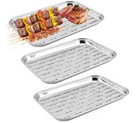 Lot de 3 bols de barbecue en acier inoxydable : 34,9 x 24,5 x 2,7 cm Bol à barbecue réutilisable, panier à légumes réutilisable, accessoires de barbecue pour légumes, poisson ou viande Poêle à griller