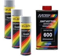 Lot de 3 bombes de peinture - Apprêt - gris - Motip + Dégraissant pour pièces automobile - Motip - Bidon de 500ml Gris