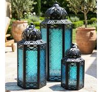 Lot de 3 bougeoirs marocains décoratifs en métal pour Le Ramadan, la décoration intérieure, la terrasse extérieure, Bleu