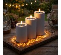 Lot de 3 bougies piliers solaires LED avec effet flamme - 15/12/10 cm | Bougie artificielle blanc chaud pour l'extérieur avec effet vacillant - Décoration de table de jardin - Bougie solaire
