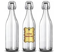 Lot de 3 bouteilles VINTAGE en verre vides de 1 litre avec bouchon mécanique pour eau, huile et vin