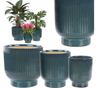 Lot de 3 cache-pots ronds en céramique, bleus à rayures, brillants, décoration pour la maison et le bureau, loft moderne, cache-pot sans drainage, pour orchidées et plantes succulentes, cadeau