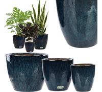 Lot de 3 cache-pots ronds en céramique, motif bleu, trou pour l'évacuation de l'eau, décoration pour la maison et le bureau, loft moderne, cache-pot pour orchidées et plantes succulentes, cadeau