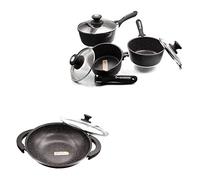 Lot de 3 Casseroles 16/18/20 cm + wok 32 cm Schumann Professionnel I Compatibles Tous Feux Dont Induction I Fonte d'Aluminium Sans PFOA I Manches Amovibles en Silicone I Couvercles Inclus