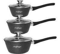 Cheffinger Lot de 3 Casseroles Revêtement Antiadhésif et Anticorrosion avec Couvercle Noir
