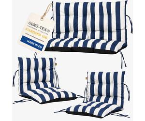 Lot de 3 coussins pour mobilier en palettes, coussins d’extérieur pour mobilier en rotin, 2x coussin de chaise + 1x coussin de banc, rayures bleu mari