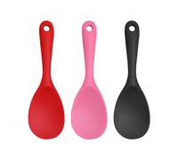Lot de 3 cuillères de cuisine en silicone - Cuillères à riz - Cuillères de service - Grandes cuillères noires en silicone avec tête ronde et manche long - Ustensiles de cuisine en rose, noir, rouge