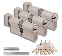 Lot de 3 Cylindres de Serrure en Laiton 45/45 mm avec Bouton, Vis et Clés incluses, Montage facile pour Portes et Garages, Clé unique, Longueur 90 mm