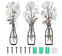 Lot de 3 Décoration Murale, Ornementation en Métal avec Fleurs, Sculptures Murales Rustiques, Minimalistes Marguerites Lys Eucalyptus Papillons, Œuvres d'art Suspendues pour Décoration de la Maison
