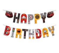 Lot de 3 décorations d'anniversaire de voiture de course - Bannière et guirlande Happy Birthday - Décoration de fête avec motif de drapeau cible pour garçons, enfants et fans de F1