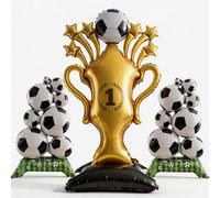 Lot de 3 décorations de fête de football - Trophée de champion géant de 140 cm et 2 grands ballons en aluminium pour la coupe du monde 2026 - Kit d'accessoires de fête pour anniversaire, événements