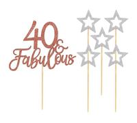 Lot de 3 décorations de gâteau pour 40e anniversaire, 5 inserts en étoile argentée, 40e accessoires de décoration de gâteau pour femmes, 40e anniversaire (or rose)