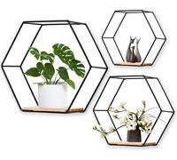 Lot de 3 étagères murales hexagonales, étagères suspendues, étagères flottantes en métal et en bois, rangements muraux pour la cuisine, la salle de bain, la chambre à coucher, décoration murale (noir)
