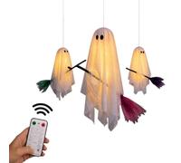 Lot de 3 fantômes d'Halloween suspendus sur balai lumière chaude décoration | Tulle en tissu doux, utilisation de porche de cour, design de famille volante, lueur chaude intégrée