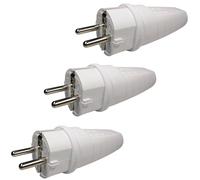 Lot de 3 Fiches Schuko en Caoutchouc 230V, 16A, Blanc | Pour câbles avec décharge de traction, Fiche étanche, Fiche de contact de protection, Douille de protection anti-torsion