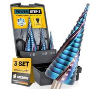 Lot de 3 forets étagés Ø 4-12 + 4-20 + 4-32 mm - Foret conique professionnel HSS-E Co 5 % / enclume PowerStep 3 TiAlSiN Blue Nano Guard / pour acier, inox, acier inoxydable, aluminium, plastique
