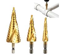 Lot de 3 Forets Étagés HSS Revêtement Titane, 4-12 mm / 4-20 mm / 4-32 mm, Forets Coniques à Rainure Spirale pour Tôles Fines jusqu’à 3 mm ainsi que Bois, Plastique, PVC et Acrylique