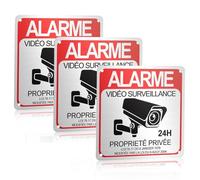 Lot de 3 Français Panneau Video Surveillance Extérieure Intérieur 15x15 cm, 24H Panneau Camera Surveillance en Aluminium, Pancarte Plaque Propriété Privée Étanche avec Autocollant et Trous Pré-percés