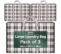 Lot de 3 grands sacs de rangement à carreaux (60 x 50 x 25 cm) solides et durables imperméables avec fermeture éclair, poignée de rangement en tissu attachée, sacs à bagages réutilisables