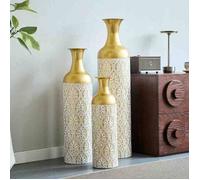 Lot de 3 Grands Vases de Sol Dorés (50/66/83 cm) - Vases Métal Décoratifs Motif Fleurs, Cache-Pots Salon, Couloir, Bureau Vintage