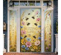 Lot de 3 housses de porte de bienvenue en forme d'abeilles, fleurs rustiques, papillons, printemps jaune, toile de fond de fête, bannière décorative pour porte d'entrée, fête, réunion de famille