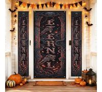 Lot de 3 housses de porte de bienvenue éternelles - Chauve-souris squelette effrayante gothique d'Halloween - Toile de fond pour porche de vacances - Bannière décorative pour maison, porte d'entrée