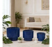 Lot de 3 jardinières en céramique faites main, rondes, résistantes au gel, bleu-vert, aspect antique, Ø 38/31/23 cm