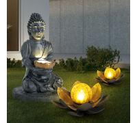 Lot de 3 lampes solaires à LED Feng Shui Bouddha lampes de décoration de jardin fleurs de lotus verre craquelé