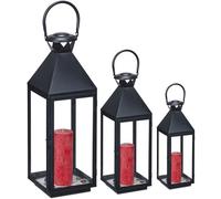 Lot De 3 Lanternes, Décoration Intérieur Et Extérieur, 3 Tailles, Métal, Verre, Photophores Pour Bougies, Noir - Relaxdays