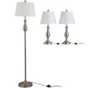 Lot de 3 luminaires design contemporain - lampadaire sur pied + 2 lampes de tables - métal inox brossé abat-jour blanc Gris G