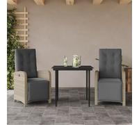 Lot de 3 meubles de bistrot avec coussins - Gris clair - En polyrotin - Avec repose-pieds de jardin - Dossier réglable - Table basse avec plateau en verre - Pour jardin et balcon