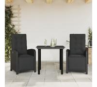 Lot de 3 meubles de bistrot en rotin synthétique noir avec coussin de chaise de jardin réglable et table d'appoint en verre trempé
