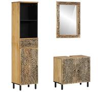 Lot de 3 meubles de salle de bain en bois massif de mangue | Beaucoup d'espace de rangement, miroir mural, surface en verre transparent, bois dur tropical