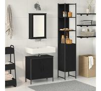Lot de 3 meubles de salle de bain en bois - Noir - 33 x 33 x 185,5 cm | Armoire sur pied avec miroir, portes encastrées, poignées de barre, surface facile d'entretien, montage polyvalent