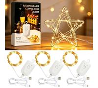 Lot de 3 Mini Guirlandes Rechargeables USB-C, 3 m 30 LED, Blanc Chaud | Minuterie 6 h/18 h, 8 Modes, Fil Cuivre Résistant à l’Eau, Crochet de Suspension, Noël, Chambre, Intérieur/Extérieur