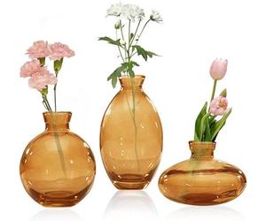 Lot de 3 mini-vases en verre, petits vases en forme de diamant vendus en vrac, mini-vases de table, bouteilles vintage pour la décoration de table, décoration de mariage, réception, (3, ambre)