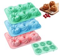 Lot de 3 Moule à Kouglof en Silicone 21,5 × 15 × 3 cm, pour Bagels Muffins | 6 Cavités Moule Gugelhupf, Moules Baba au Rhum Silicone Antiadhésif, pour Muffins Jello Gélatine Gâteau (Rose, Bleu, Vert)