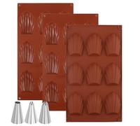 Lot de 3 moules à madeleine en silicone - Libération facile - Moules en silicone en forme de coquillage pour madeleines, biscuits, chocolat - Avec 3 douilles