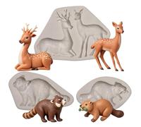 Lot de 3 moules en silicone avec animaux de la forêt, castorine, raton laveur, chocolat, élan, cerf sika, moule pour décoration de gâteau, cupcake, bonbons, sucre, bricolage, argile, résine