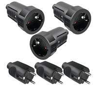 Lot de 3 paires de fiches Schuko - 250 V - 16 A - IP44 - En caoutchouc - Avec protection anti-torsion - 2 broches - Extérieur étanche - Noir - Fiche Schuko et raccord en caoutchouc - Sans câble