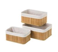Lot de 3 panier de rangement rectangulaire, caisse de rangement en bambou-tissu coloris blanc/naturel-JUANIO-